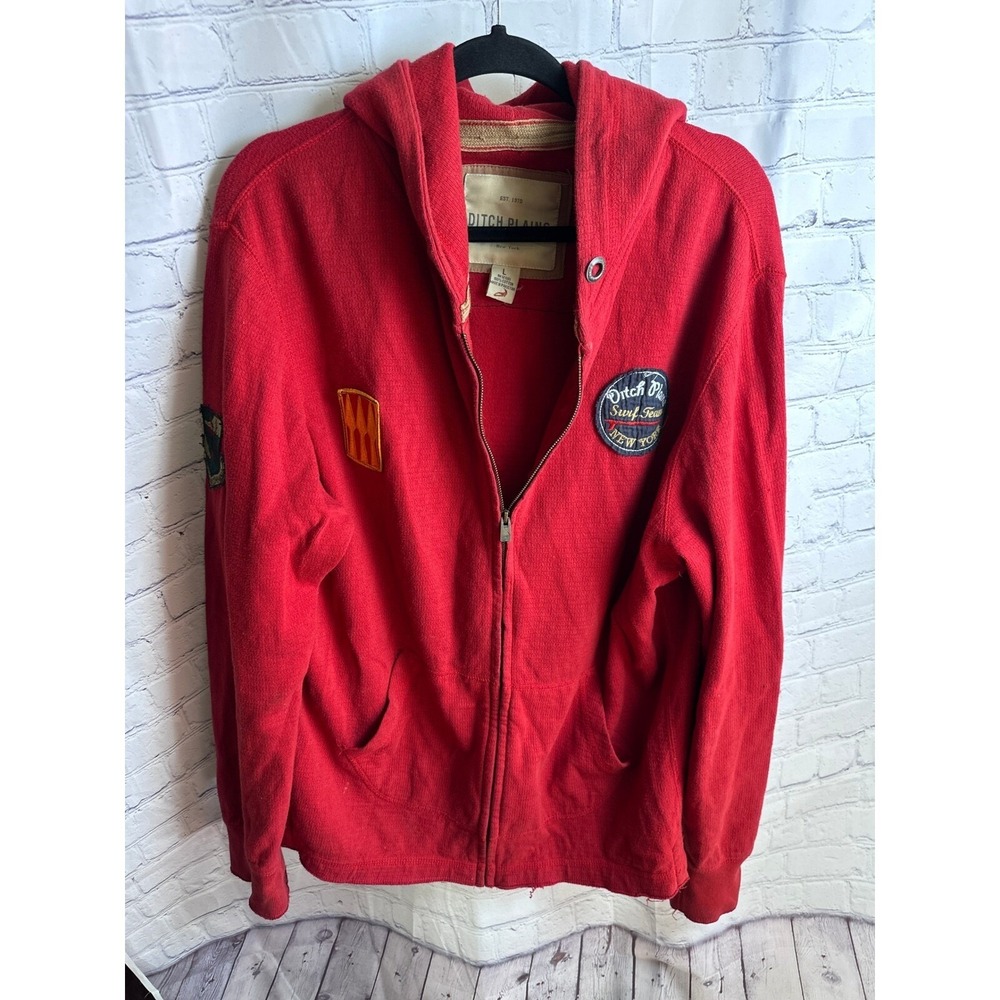 VINTAGE Ditch Plains Full Zip Hoodie Surf Team Patches Cotton Blend Red L